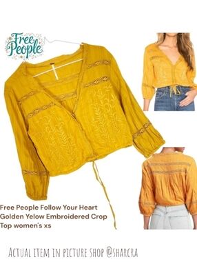 Free People Women Follow Your Heart OB920121 Yellow crochet lace Cotton Top Xs